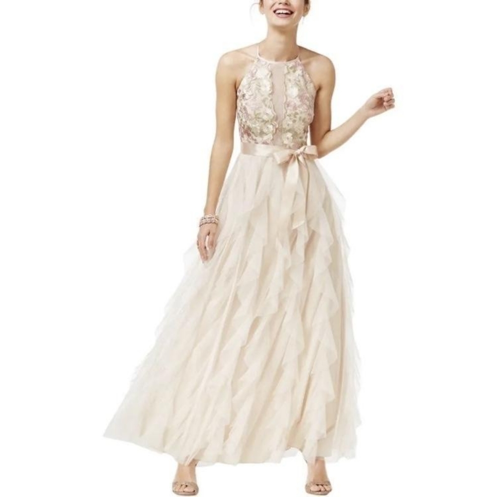 Champagne Floral Maxi Prom Dress